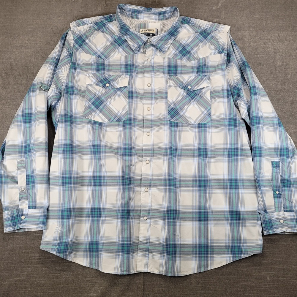 Magellanβ Outdoors Mens 3XL Blue Plaid Pearl Snap Fishing Shirt Moisture Wicking